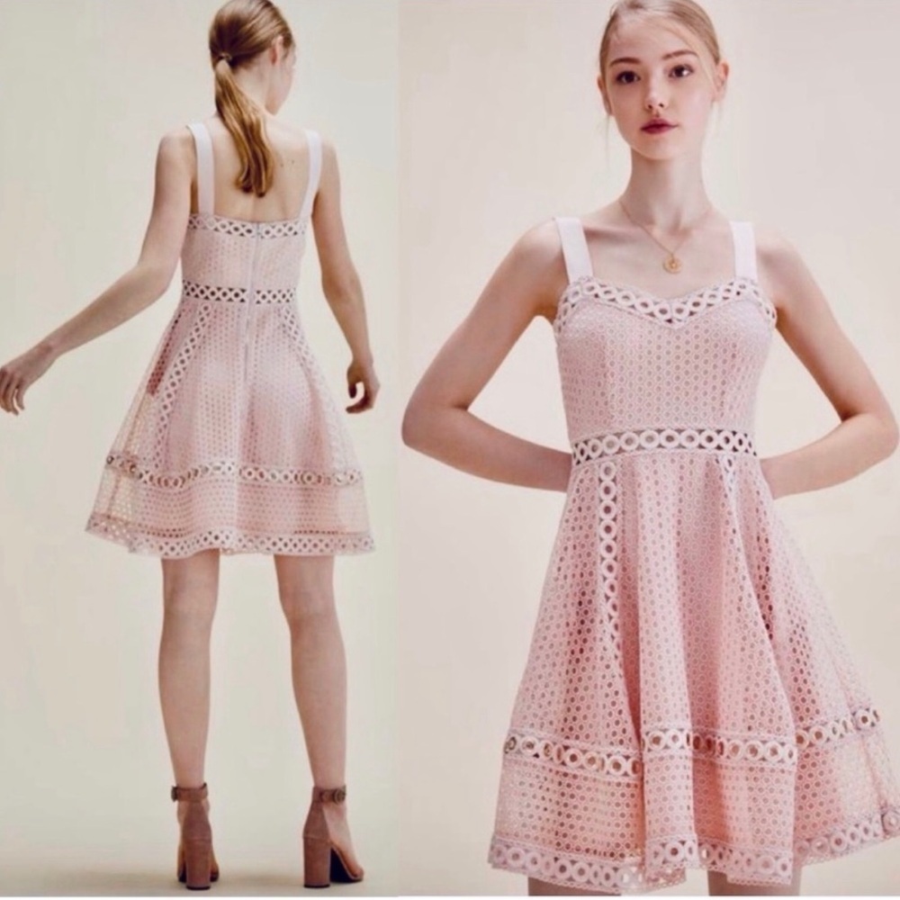 MAJE Ravi Perforated Crochet A-line Light Pink Cocktail Mini Dress Sz L